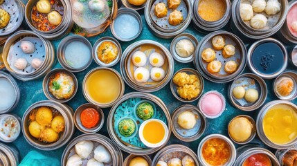 Colorful Dim Sum Dishes in Round Containers