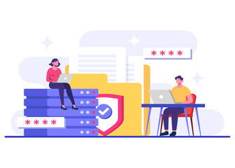 Database protection, Cyber security, Data Center, File management, cloud storage, Privacy data protection flat illustration for landing page, mobile app, poster, flyer, web banner, infographic