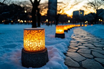 Pastel lantern lighting up a snowy evening, with the soft glow creating a warm space amidst the cold, symbolizing comfort and protection