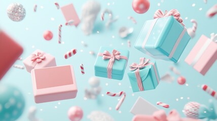 Abstract 3D model of a smartphone with exploding icons of shopping,Christmas day in winter season,gifts and christmas tree,santa,happy new year,discounts and digital payment solutions,pastel theme.