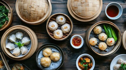 Assorted Dim Sum Dishes on a Wooden Table