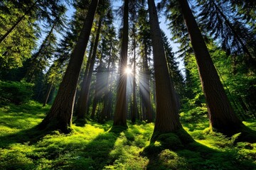 Fototapeta premium Pastel sunbeams filtering through a forest canopy, with soft hues creating a magical patchwork of light on the forest floor