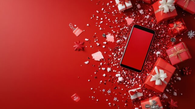 Abstract 3D model of a smartphone with exploding icons of shopping,Christmas day in winter season,gifts and christmas tree,santa,happy new year,discounts and digital payment solutions,pastel theme.