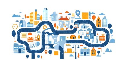 Interlocking puzzle pieces arranged into a visual roadmap symbolizing a strategic framework planning process and path to success on an isolated white background  Conceptual for business solutions