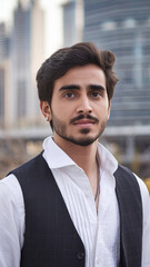 Obraz premium young man with dark hair and eyes stands confidently against city backdrop, showcasing stylish outfit. His expression reflects determination and poise, making him striking figure