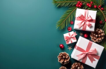 Merry Christmas and Happy Holidays greeting card, banner. New Year gifts with ribbons, ornaments , decorations on blue turquoise background top view. 