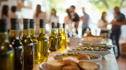 A group of participants at Las Jornadas del Olivar y el Aceite tasting different varieties of olive oil, blurred background with tables filled with olive oil bottles and bread for dipping