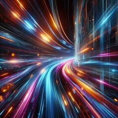 Dynamic Neon Light Streaks in a Futuristic Cyberpunk Setting: High-Resolution Artwork Featuring Vibrant Electric Blue, Neon Orange, and Magenta Colors with Realistic Motion Blur