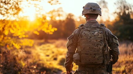 Fototapeta premium military man on his back with out of focus background of a beautiful sunset