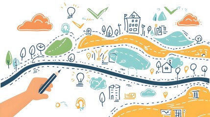 Concise Strategic Planning With Hand Drawn Roadmap on White Background  Visualizing a strategic vision leadership and decision making with a minimalist flat design approach