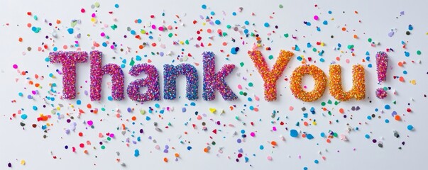 The word "Thank You!" written in multicolored confetti on a white background