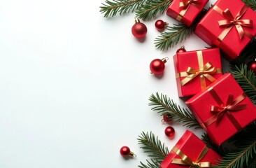 Merry Christmas and Happy Holidays greeting card, banner with red gift boxes with ribbons, ornaments, and spruce branches, cones decorations on white background top view. 