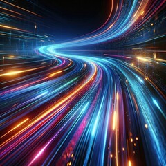 Dynamic Neon Light Streaks in a Futuristic Cyberpunk Setting: High-Resolution Artwork Featuring Vibrant Electric Blue, Neon Orange, and Magenta Colors with Realistic Motion Blur