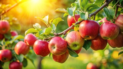 Obraz premium A cluster of ripe red apples, glistening with dew, hang from a branch against a backdrop of lush green leaves, bathed in the warm glow of the setting sun.