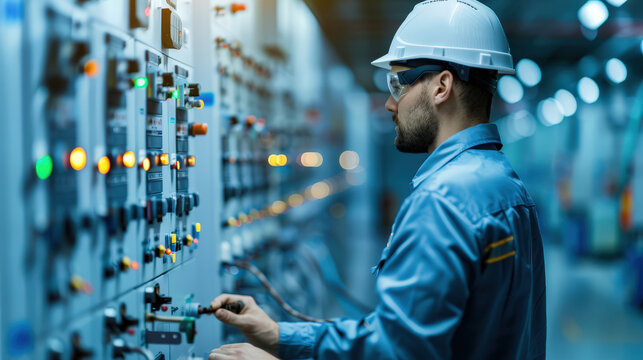 Electrical engineer analyzing data on computer in control room, wearing safety gear and focused on task. environment is filled with machinery and control panels, showcasing professional setting