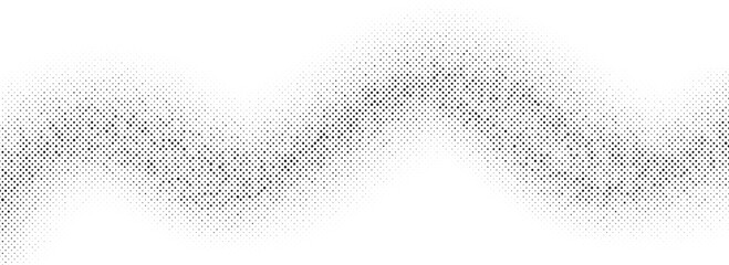 Gritty halftone wave background. Dotted curved line wallpaper. Abstract wavy fluid backdrop texture. Black pop art swoosh element for poster, banner, overlay, card, brochure, flyer, leaflet. Vector