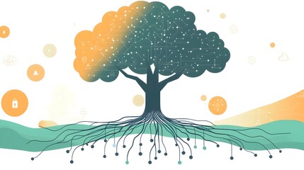 Flat design depicting tree roots transforming into a network of digital connections symbolizing the growth of nature through technological expansion and the of the organic and the virtual