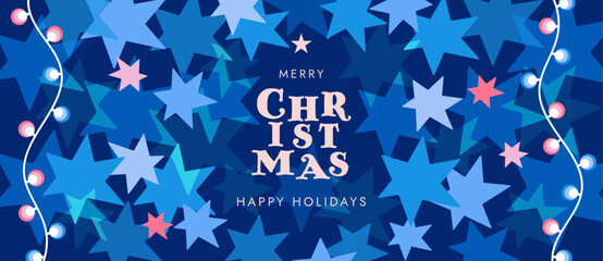 Christmas celebration horizontal banner blue colours stars, print modern,, with lights, can used be as poster, card or flyers, backgrounds, vector