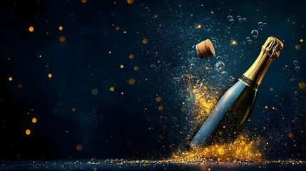 Naklejka premium Glowing champagne bottle exploding with mesh lines glowing bubbles and a cork flying away in a dynamic celebratory scene This image captures the energy and excitement of a festive or party