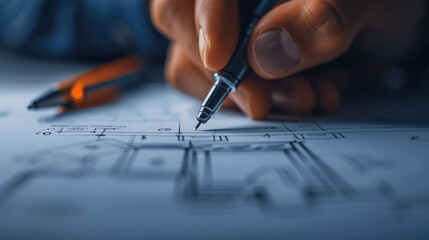 Designing layouts with precision, electrical engineer focuses on detailed schematics. hand holds pen, illustrating importance of careful planning in engineering projects