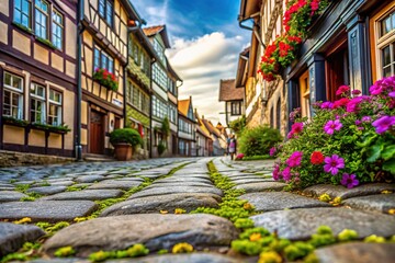 Fototapeta premium Wernigerode's cobblestone alleyway: macro photography unveils its hidden beauty.