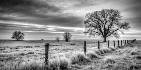 A solitary tree stands guard against a fence in a field, its branches reaching towards a sky heavy with storm clouds