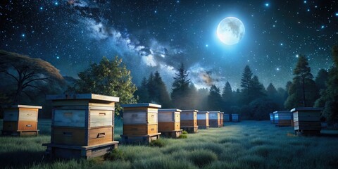Night Photography of an Apiary with Honeybee Hive Boxes, Starry Sky, Moonlight, Bees at Night, Nature, Beekeeping, Dark Atmosphere, Outdoor 