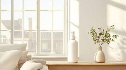 A serene interior scene featuring cozy sofa, white bottle, and vase with greenery, illuminated by soft natural light streaming through window. minimalist design creates calming atmosphere