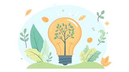 Lightbulb transforming into a lush growing tree represents the growth and potential of an idea or innovation  Flat design on a clean white background depicts the concept of creativity knowledge
