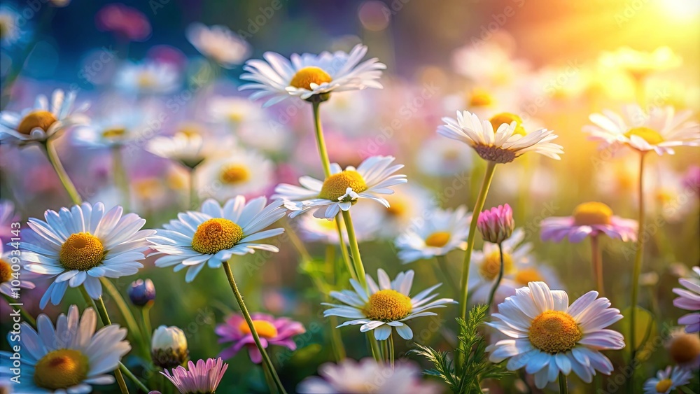 Poster Golden Hour Bloom A Delicate Symphony of Daisies bathed in soft sunlight, petals unfurling in a vibrant tapestry of white and yellow, each bloom a testament to the beauty of nature's artistry.