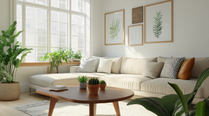 A bright and airy living room featuring cozy sectional sofa adorned with decorative pillows. space is enhanced by lush green plants and stylish wall art, creating serene atmosphere