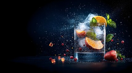 Glowing mesh line cocktail glass with slices of illuminated fruit and floating ice cubes creating a modern and captivating visual display for a bar party or upscale event