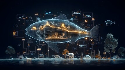 Obraz premium Glowing mesh line diagram illustrating a futuristic interconnected ecosystem with glowing animals plants and water bodies representing the complex relationships and energy flow within a digital