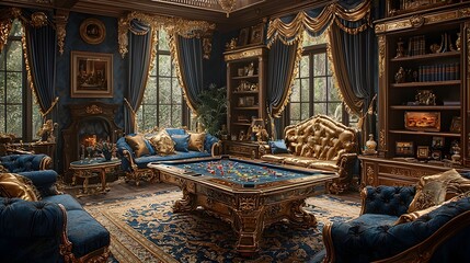 Fototapeta premium Luxurious game room featuring gold accented furniture a large and immersive gaming setup and rich plush fabrics for a premium sophisticated entertainment experience