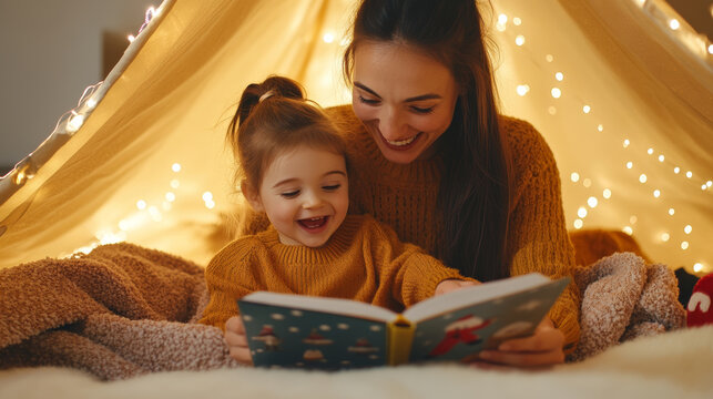 Cozy mother and daughter reading together in warm, illuminated tent, surrounded by soft blankets and fairy lights, creating joyful and intimate atmosphere