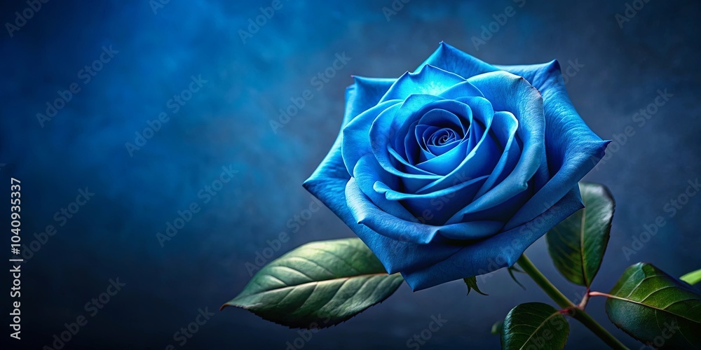 Wall mural A single blue rose with vibrant petals, a symbol of rarity and uniqueness, stands out against a deep blue background.