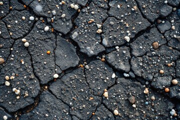 Fototapeta premium Cracked earth with detailed black texture and pebbles