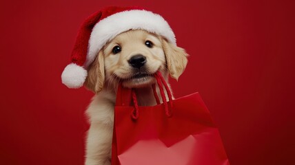 Portrait of puppy Golden Retriever dog holding a shopping bag in its mouth on studio background in christmas day,shopping bags ready for discount and winter sale at the mall,space for text.
