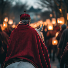 St. Martin on horseback, dressed in a red cloak leading the St. Martin's Day procession through a village, traditional and historical mood, blurred background with participants carrying lanterns