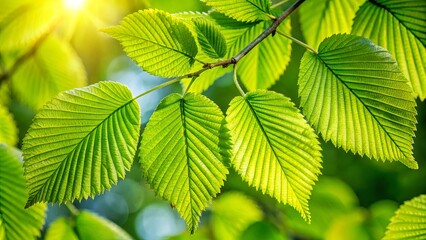 Fototapeta na wymiar Sun-drenched leaves, a vibrant green tapestry of delicate veins, bathed in golden light, their edges shimmering with dew