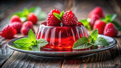 Red Jelly Dessert Delight with Raspberries and Mint Leaves on a Glass Plate - Sweet Treats, Gourmet Desserts, Fresh Ingredients, and Vibrant Colors