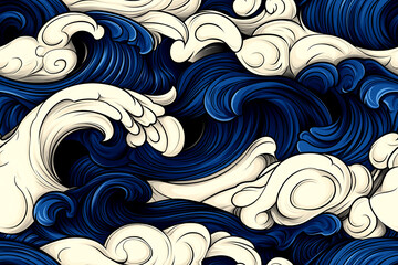 A blue and white wave pattern with a white crest. The waves are drawn in a stylized way, giving the impression of a painting