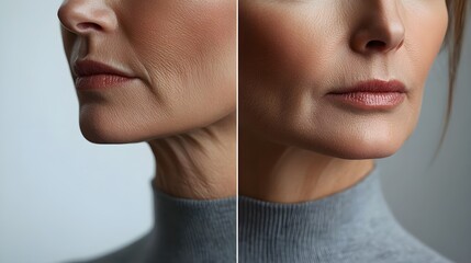 Before-and-after close-up of a woman's neck and jawline, showcasing dramatic reduction in sagging and jowls post-facelift, Photorealistic, Soft Lighting