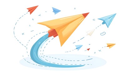 Paper airplane turning into a soaring rocket representing the expansion of creativity and the realization of one s full potential depicted in a minimalist flat design against a clean white background