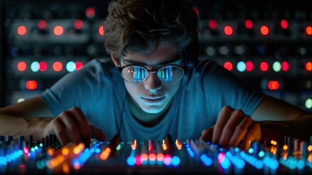 focused young man wearing glasses works intently on sound mixing console, surrounded by colorful lights and equipment, showcasing his passion for audio engineering