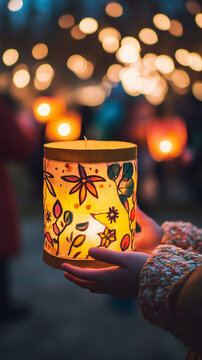 Hands holding a brightly decorated lantern for St. Martin's Day, soft candlelight creating a gentle glow, festive and cozy atmosphere