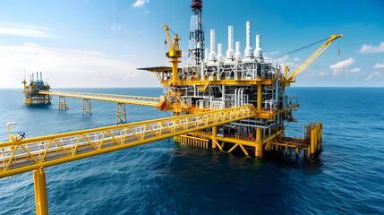 Fototapeta premium Aerial view of an offshore oil platform with multiple cranes and drilling equipment operating against a clear blue sky and horizon The platform is positioned in the middle of the ocean