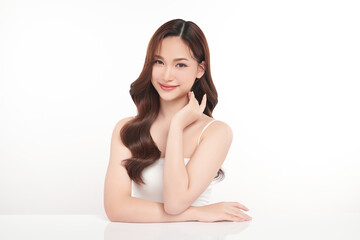 Obraz premium Beautiful young asian woman with clean fresh skin on white background, Face care, Facial treatment, Cosmetology, beauty and spa, Asian women portrait.