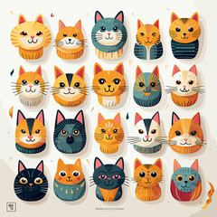 various cute cat icons on a white background, in the style of fauvist vibrant and bold colors