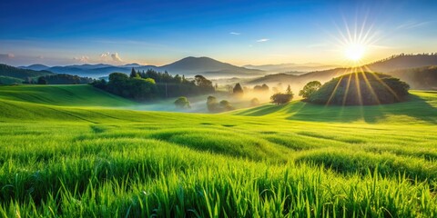 Obraz premium Serene Green Field at Dawn: Morning Light, Dewy Grass, Nature's Tranquility, Vibrant Landscape, Fresh Beginnings, Peaceful Scenery, Rural Beauty, Scenic